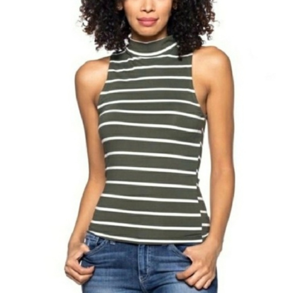 Olive Striped Mock Neck Sleeveless Top